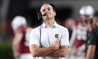 South Carolina head coach Shane Beamer looks up after a play against Mississippi State