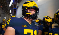 Michigan Wolverines offensive lineman Evan Link (71) against the Washington Huskies during the 2024 College Football Playoff national championship game at NRG Stadium. Mandatory Credit: Mark J. Rebilas-USA TODAY Sports