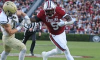 South Carolina RB Rocket Sanders delivers a stiffarm against Wofford (C.J. Driggers/GamecockCentral).