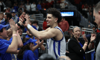 Koby Brea celebrates with the UK band after Kentucky knocked Illinois out of the NCAA Tournament - Mont Dawson, Kentucky Sports Radio