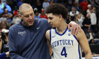 Mark Pope and Koby Brea celebrate an NCAA Tournament win, via Mont Dawson, Kentucky Sports Radio