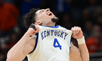 Mar 23, 2025; Milwaukee, WI, USA; Kentucky Wildcats guard Koby Brea (4) reacts after defeating the Illinois Fighting Illini in the second round of the NCAA Tournament at Fiserv Forum. Mandatory Credit: Benny Sieu-Imagn Images