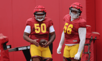 USC offensive linemen J'Onre Reed and DJ Wingfield during a spring practice with the Trojans