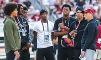 Sequel Patterson, Xavier Tiller, Braylon Clark, and others talk to South Carolina head coach Shane Beamer at the spring game (Photo: Katie Dugan | GamecockCentral.com(