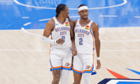 Jun 16, 2025; Oklahoma City, Oklahoma, USA; Oklahoma City Thunder forward Jalen Williams (8) and guard Shai Gilgeous-Alexander (2) walk back up the court in the first quarter against the Indiana Pacers during game five of the 2025 NBA Finals at Paycom Center. Mandatory Credit: Alonzo Adams-Imagn Images