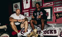 South Carolina receivers coach Mike Furrey with freshman Sequel Patterson. Photo courtesy of Sequel Patterson on Twitter/X.