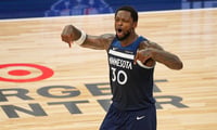May 24, 2025; Minneapolis, Minnesota, USA; Minnesota Timberwolves forward Julius Randle (30) reacts against the Oklahoma City Thunder during the second half in game three of the western conference finals for the 2025 NBA Playoffs at Target Center. Mandatory Credit: Brad Rempel-Imagn Images