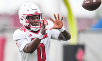 Louisville Cardinals' senior wide receiver Chris Bell (0) during a recent practice on August 4, 2025 before the start of the 2025 football season. In 2024, Bell had 43 receptions for 737 yards with four touchdowns. He averaged 17.1 yards per catch.