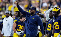 Michigan head coach Sherrone Moore reacts to a play against New Mexico during the first half at Michigan Stadium in Ann Arbor on Saturday, August 30, 2025. © Junfu Han / USA TODAY NETWORK via Imagn Images
