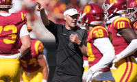 USC Trojans head coach Lincoln Riley gestures during the game against the Missouri State Bears at United Airlines Field at Los Angeles Memorial Coliseum