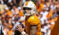 Sep 20, 2025; Knoxville, Tennessee, USA; Tennessee Volunteers quarterback Joey Aguilar (6) looks to pass the ball against the UAB Blazers during the first quarter at Neyland Stadium. Mandatory Credit: Randy Sartin-Imagn Images