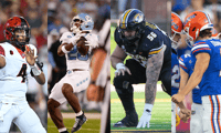 Michigan Wolverines football transfers Jayden Denegal, Benjamin Hall, Dominick Giudice and Tommy Doman. (Photos by USA TODAY Sports Images / Imagn)
