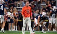 Auburn Tigers head coach Hugh Freeze walks the field during warm ups before Auburn Tigers take on Missouri Tigers at Jordan-Hare Stadium in Auburn, Ala. on Saturday, Oct. 18, 2025. (© Jake Crandall/ Advertiser / USA TODAY NETWORK via Imagn Images)