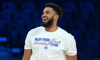 Dec 15, 2025; Las Vegas, NV, USA; New York Knicks center/forward Karl-Anthony Towns (32) reacts during practice prior to the Emirates NBA Cup championship at the T-Mobile Arena. Mandatory Credit: Kirby Lee-Imagn Images