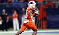 Sep 15, 2023; San Antonio, Texas, USA; UTSA Roadrunners wide receiver Devin McCuin (14) runs for a touchdown after a catch against the Army Black Knights during the second half at the Alamodome. Mandatory Credit: Danny Wild-Imagn Images