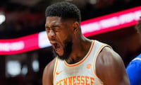 Tennessee forward Jaylen Carey (23) yells in celebration after scoring a basket during a NCAA basketball game between the Tennessee Volunteers and Kentucky Wildcats at Thompson-Boling Arena at Food City Center in Knoxville, Tenn., on Jan. 17, 2026.