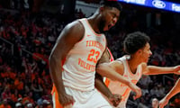 Tennessee forward Jaylen Carey (23) celebrates making a basket as the ball bounces on his head during a NCAA basketball game between the Tennessee Volunteers and Auburn Tigers at Thompson-Boling Arena at Food City Center in Knoxville, Tenn., on Jan. 31, 2026.