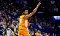 Feb 7, 2026; Lexington, Kentucky, USA; Tennessee Volunteers forward Nate Ament (10) celebrates a three-point basket during the first half against the Kentucky Wildcats at Rupp Arena at Central Bank Center. Mandatory Credit: Jordan Prather-Imagn Images