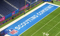 Feb 24, 2026; Indianapolis, IN, USA; The 2026 NFL Scouting Combine logo in the end zone at Lucas Oil Stadium. Mandatory Credit: Kirby Lee-Imagn Images