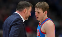Ole Miss head coach Chris Beard and Travis Perry at the SEC Tournament, via Steve Roberts-Imagn Images