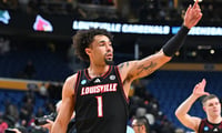 Mar 21, 2026; Buffalo, NY, USA; Louisville Cardinals guard J'Vonne Hadley (1) waves after the second round game of the men's 2026 NCAA Tournament against the Michigan State Spartans at Keybank Center. Mandatory Credit: Mark Konezny-Imagn Images