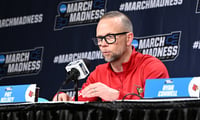 Mar 21, 2026; Buffalo, NY, USA; Louisville Cardinals head coach Pat Kelsey speaks with media after the second round game of the men's 2026 NCAA Tournament against the Michigan State Spartans at Keybank Center. Mandatory Credit: Mark Konezny-Imagn Images
