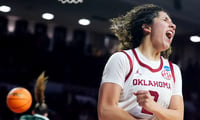 Oklahoma's Aaliyah Chavez (2) celebrates a basket during a second-round game in the NCAA women's basketball tournament between the Oklahoma Sooners and Michigan State Spartans at Lloyd Noble Center in Norman, Okla., Sunday March 22, 2026.