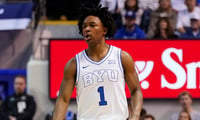Mar 7, 2026; Provo, Utah, USA; BYU Cougars guard Robert Wright III (1) dribbles the ball during the first half against the Texas Tech Red Raiders at Marriott Center. Mandatory Credit: Aaron Baker-Imagn Images