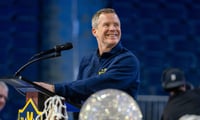 Michigan Wolverines basketball head coach Dusty May at the 2026 national championship celebration at Crisler Center. (Photo by David Rodriguez Muñoz / USA TODAY NETWORK via Imagn Images)