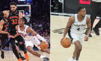 Photos of Karl-Anthony Towns and Tyrese Maxey (left) and De'Aaron Fox via Imagn Images