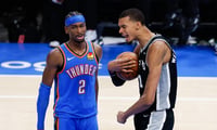 May 18, 2026; Oklahoma City, Oklahoma, USA; San Antonio Spurs center Victor Wembanyama (1) reacts in double overtime against the Oklahoma City Thunder during game one of the western conference finals for the 2026 NBA playoffs at Paycom Center. Mandatory Credit: Alonzo Adams-Imagn Images