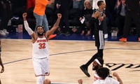 Jun 10, 2026; New York, New York, USA; New York Knicks center Karl-Anthony Towns (32) celebrates after defeating the San Antonio Spurs in game four of the 2026 NBA Finals at Madison Square Garden. Mandatory Credit: Geoff Burke-Imagn Images