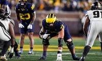 Michigan Wolverines football offensive lineman Blake Frazier opened six games at left tackle in 2025. (Photo by Junfu Han / USA TODAY NETWORK via Imagn Images)