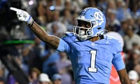 Sep 1, 2025; Chapel Hill, North Carolina, USA; North Carolina Tar Heels wide receiver Jordan Shipp (1) signals firts down in the first quarter at Kenan Stadium. Mandatory Credit: Bob Donnan-Imagn Images