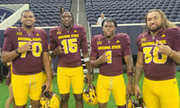 Arizona State football players Jalen Klemm (70), Khamari Anderson (15), Kyson Brown (1) and Zyrus Fiaseu (30) pose at the 2026
