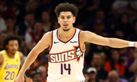 Oct 14, 2025; Phoenix, Arizona, USA; Phoenix Suns guard Koby Brea (14) against the Los Angeles Lakers during an NBA preseason game at Mortgage Matchup Center. Mandatory Credit: Mark J. Rebilas-Imagn Images