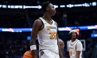Missouri forward Mark Mitchell (25) reacts to a charging foul against Kentucky during their Day 2 2026 SEC Mens Basketball