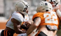 Running back DeSean Bishop No. 18 of the Tennessee Volunteers during 2026 Fall Camp scrimmage at Neyland Stadium in Knoxville. Photo By Kate Luffman/Tennessee Athletics