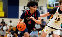 Florida Rebels Cayden Daughtry (3) dribbles as NY Rens Bridgie McMillan (12) defends during the third day of the 2026 Nike EYBL Peach Jam at Riverview Park Activities Center in North Augusta, S.C., on Thursday, July 16, 2026. The NY Rens defeated the Florida Rebels 84-83.