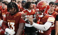 Iowa State football team celebrates after winning 38-10 over Southeast Missouri in week one NCAA football at Jack Trice Stadium