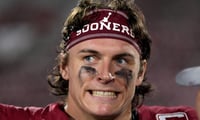 Oklahoma Sooners quarterback John Mateer (10) is interviewed after a college football game between the University of Oklahoma