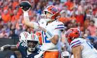 Florida Gators quarterback Aaron Philo (12) throws the ball as Auburn Tigers take on Florida Gators at Jordan-Hare Stadium in