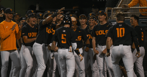 Tennessee baseball celebrates following a Cannon Peebles home run. Credit: Angelina Alcantar/News Sentinel / USA TODAY NETWORK