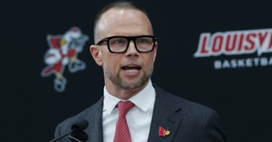 New Louisville basketball head coach Pat Kelsey made remarks during his announcement at the Planet Fitness Kueber Center at U of L in Louisville, Ky. on March 28, 2024. (Sam Upshaw Jr. | Courier Journal | USA TODAY NETWORK)