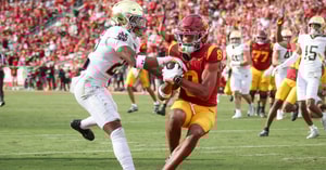 USC wide receiver Ja'Kobi Lane comes down with a touchdown reception during a game against the Notre Dame Fighting Irish