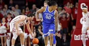 Feb 26, 2025; Norman, Oklahoma, USA; Kentucky Wildcats guard Otega Oweh (00) gestures after scoring against the Oklahoma Sooners during the second half at Lloyd Noble Center. Mandatory Credit: Alonzo Adams-Imagn Images