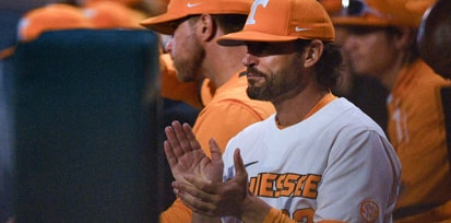 Tennessee baseball coach Tony Vitello watching on from the home dugout. Credit: Saul Young/News Sentinel / USA TODAY NETWORK