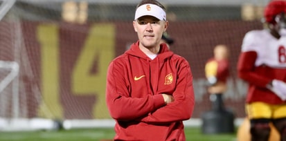 USC head coach Lincoln Riley watches a practice with the Trojans