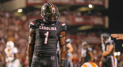 South Carolina receiver Deebo Samuel stands over a Tennessee player after making a catch