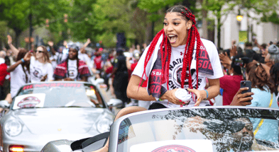 South Carolina forward Victaria Saxton celebrates during the national championship parade